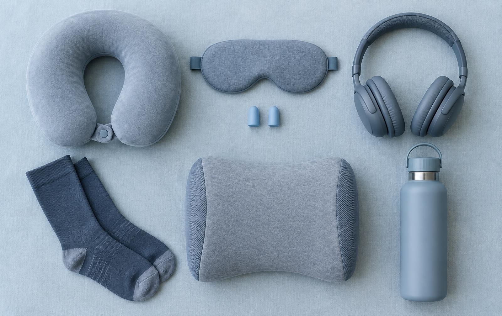 Flat-lay of a travel sleep kit